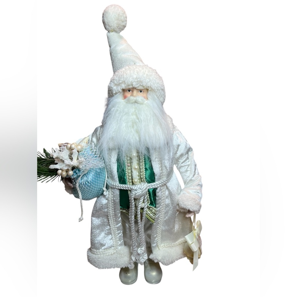 Elegant White and Green Holiday Santa Figurine